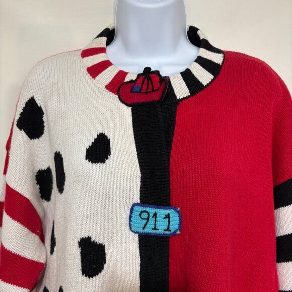 Storybook Knits 1X Dalmatian Fire Truck Hydrant 911 Cardigan Sweater Red Black - Picture 3 of 9